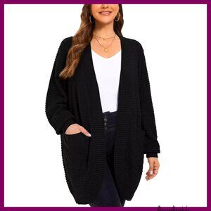 Plus Size Long Cardigan Open Front Sweater Waffle Ribbed Sleeves Pockets